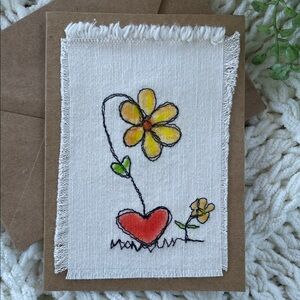 Handcrafted Fabric Stitched Greeting Card Floral Heart Hand Painted Yellow